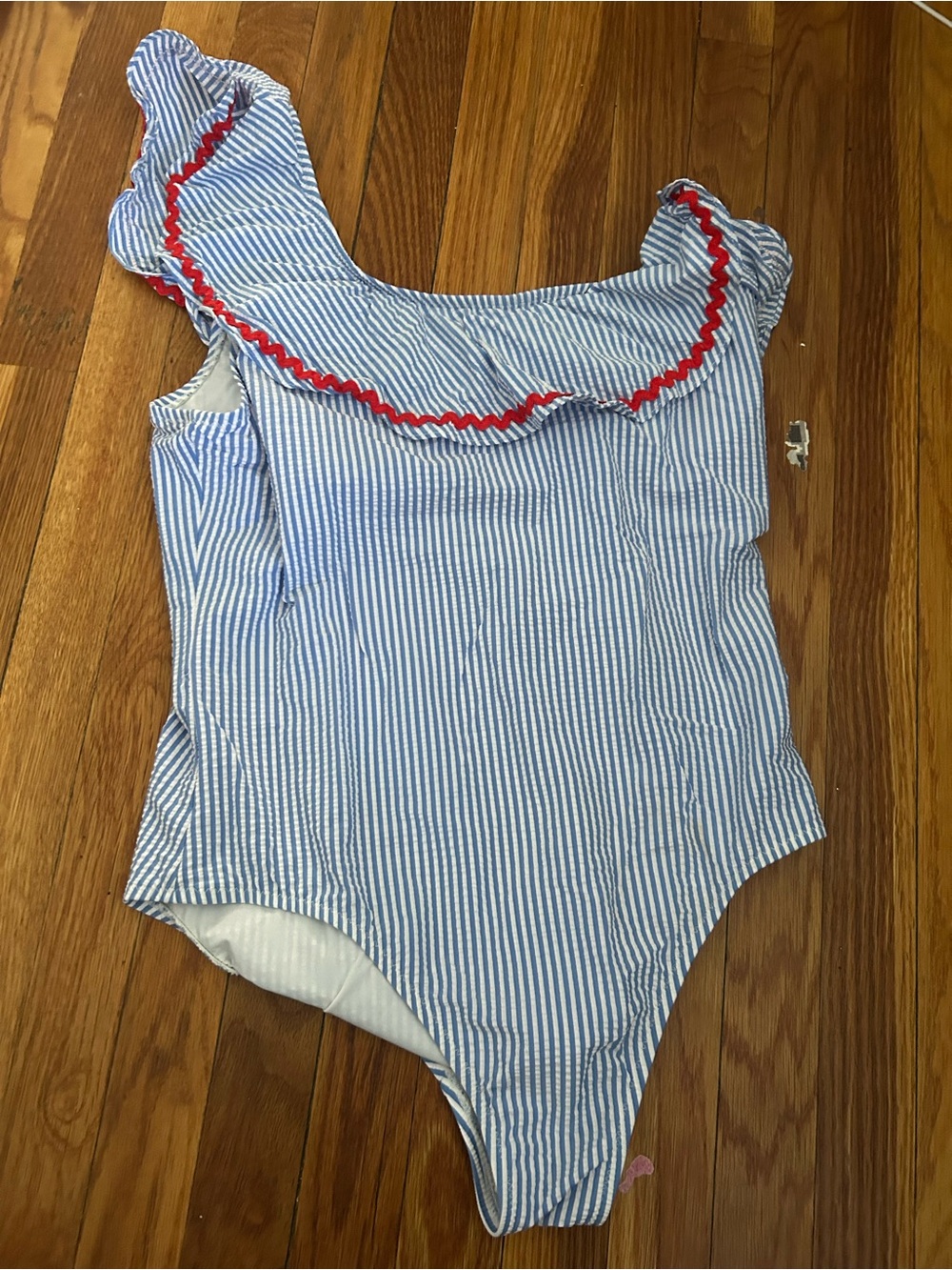 J. Crew Blue & White Seersucker Stripe One-Piece with Red Ric Rac Trim